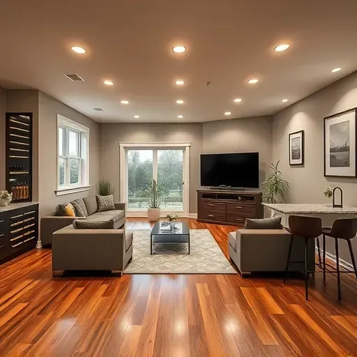 Renovated basement in Canonsburg PA with hardwood floors, modern decor, wine cellar, mini bar, natural light, and stylish furnishings