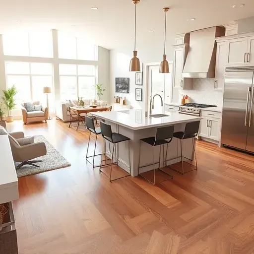 Remodeled open-concept kitchen in Canonsburg PA with sleek cabinets quartz countertops large island stainless steel appliances hardwood floors and modern decor