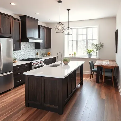 Modern kitchen remodel in Burgettstown PA with dark wood cabinetry, quartz island, elegant decor, and cozy dining nook.