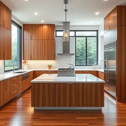 Remodeled kitchen in Washington PA with modern wood cabinets marble countertops large island pendant lighting stainless steel appliances tiled backsplash hardwood floor lush garden view
