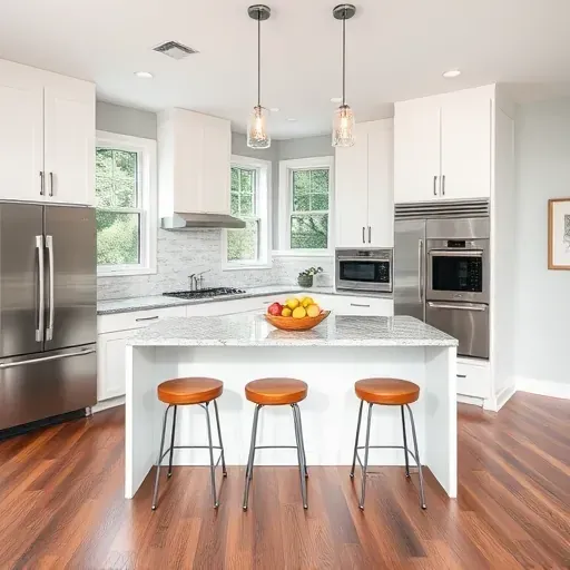 Modern kitchen remodel in Houston PA featuring sleek cabinetry, stainless steel appliances, polished granite countertops, and warm lighting.