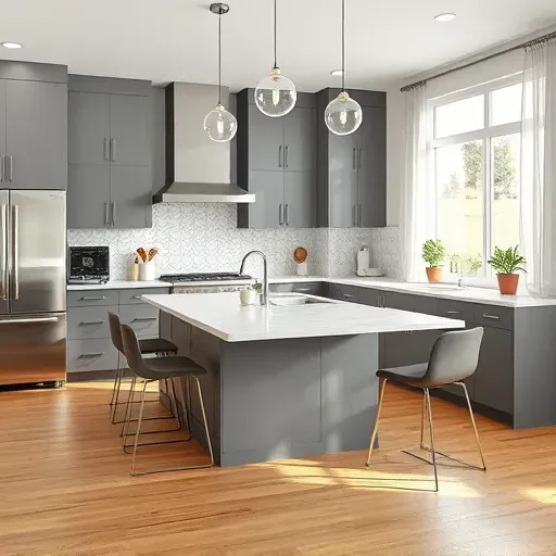 Recently remodeled Southpointe PA kitchen with gray cabinets, marble countertops, stainless steel appliances, and hardwood floors