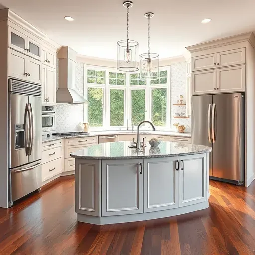 Luxury remodeled kitchen in Canonsburg PA with high-gloss cabinets stainless steel appliances marble island pendant lighting and hardwood floors