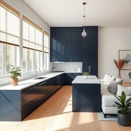Modern kitchen remodel in McMurray, PA with navy blue cabinetry, quartz countertops, stainless steel appliances, and cozy decor.