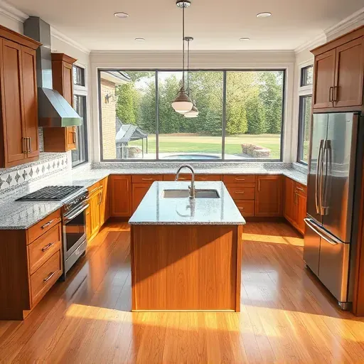 Renovated Upper St. Clair kitchen with granite countertops stainless steel appliances wooden cabinets island hardwood floors and natural light