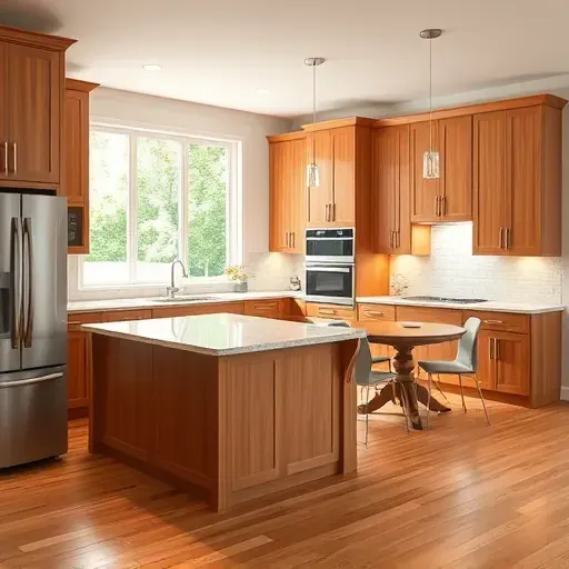 Remodeled Cecil PA kitchen with warm wood cabinets, granite island, stainless steel appliances, subway tile backsplash, hardwood floors, and a cozy breakfast nook.
