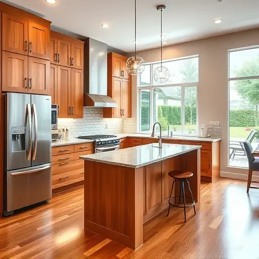 Recently remodeled kitchen in Avella PA with modern wood cabinetry stainless steel appliances granite island hardwood flooring and lush backyard view