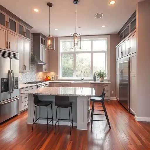 Modern kitchen remodel in Upper St. Clair PA with stainless steel appliances, granite countertops, and natural light.