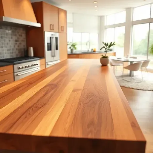 Freshly installed butcher block countertop with natural grain in modern lit Canonsburg kitchen featuring stainless steel appliances and bright sunlight