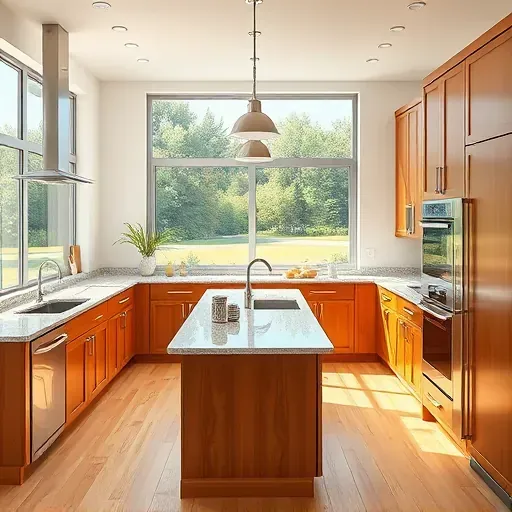 Renovated kitchen in Burgettstown PA with granite countertops stainless steel appliances custom wood cabinetry large island pendant lighting lush view hardwood floor