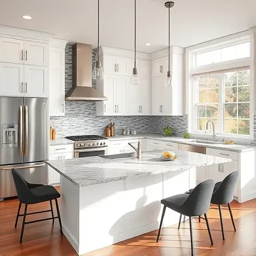 Modern kitchen remodel in Burgettstown PA featuring sleek white cabinets, granite island, stainless appliances and mosaic backsplash.