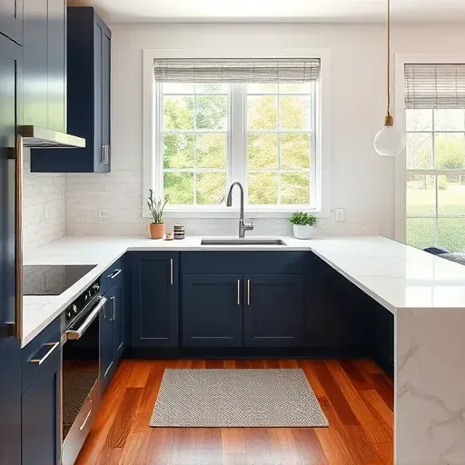 Renovated Oakdale PA kitchen with navy blue cabinets, white marble counters, stainless steel appliances, hardwood flooring, and natural light