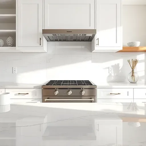Completed modern kitchen backsplash with polished white and gray marble, sleek cabinetry, and natural lighting.