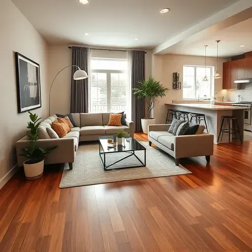 Renovated living room in Monongahela PA with hardwood floors, modern furniture, and natural light enhancing the space.