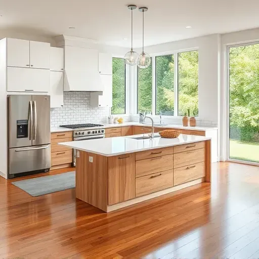Modern open-concept kitchen in Collier Township PA with quartz countertops, wooden island, stainless appliances, and lush outdoor view