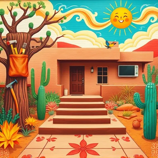 A colorful mural illustration showcasing tips for remodeling homes for aging in place, featuring a cozy front porch with accessible design elements. The scene highlights a sturdy entrance with a wide, gentle ramp replacing traditional stairs, surrounded by stylized desert plants, vibrant cacti, and lush greenery. On one side, an oversized toolbelt filled with bright, colorful tools like a yellow hammer, blue screwdriver, and orange level symbolizes DIY home modifications. A playful depiction of a smart home device with expressive eyes suggests modern technology integration for safety and convenience. The background illustrates a sunny sky with swirling clouds in warm, earthy tones, inspired by Mexican Muralism, complemented by bold reds, oranges, and turquoise hues that evoke warmth and optimism. Small animated details, such as a cheerful bird perched on a railing, a smiling sun radiating rays, and a patterned tiled pathway, add personality and charm. This vibrant and artistic scene emphasizes safety, comfort, and accessibility through lively visuals and layered motifs representing support and innovation, all rendered in the bold lines and striking color contrasts typical of Mexican Muralist style.