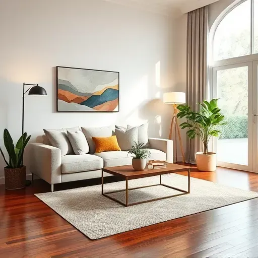 Inviting living room in Hendersonville PA with contemporary sofa, hardwood coffee table, and elegant decor elements.