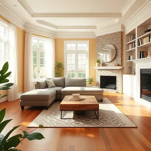 Renovated living room in Independence PA with warm colors, plush sofa, fireplace, and stylish decor elements.