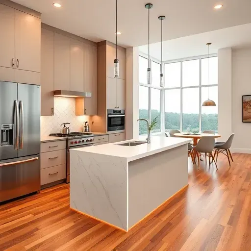 Modern remodeled kitchen in Imperial PA with matte cabinetry stainless steel appliances marble island geometric backsplash hardwood floors