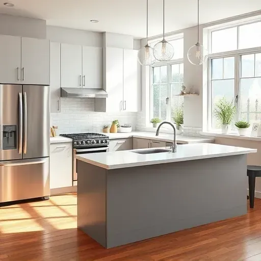 Remodeled McKees Rocks kitchen with modern matte cabinetry stainless steel appliances quartz countertops stylish island pendant lighting and neutral backsplash