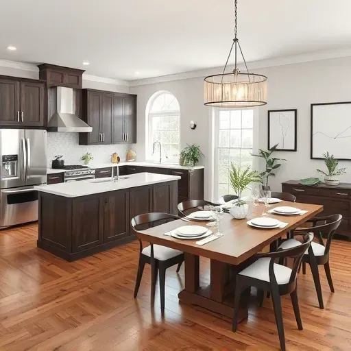Modern kitchen and dining area in East Washington PA, featuring dark cabinetry, quartz island, and bright ambiance.