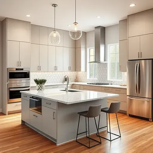 Modern kitchen in Muse PA with sleek cabinetry granite countertops stainless steel appliances island pendant lighting hardwood floor and stylish backsplash