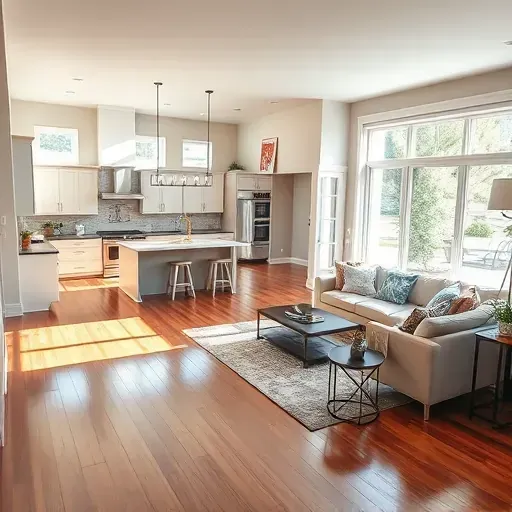 Modern open-plan living space in Peters Township, PA with hardwood floors, sleek kitchen, and vibrant decor elements.