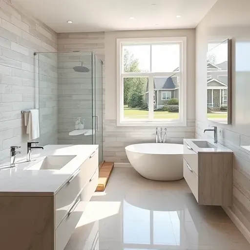 Renovated Canonsburg bathroom with large glass shower, freestanding tub, marble vanity, natural light, and modern design features