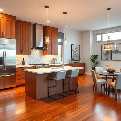 Modern kitchen remodel in Cecil PA features quartz countertops, wood cabinetry, and stylish island with bar stools.