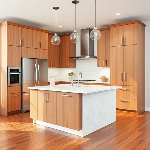 Remodeled South Park PA kitchen with warm wood cabinets quartz countertops stainless steel appliances pendant lights subway tile backsplash hardwood floors