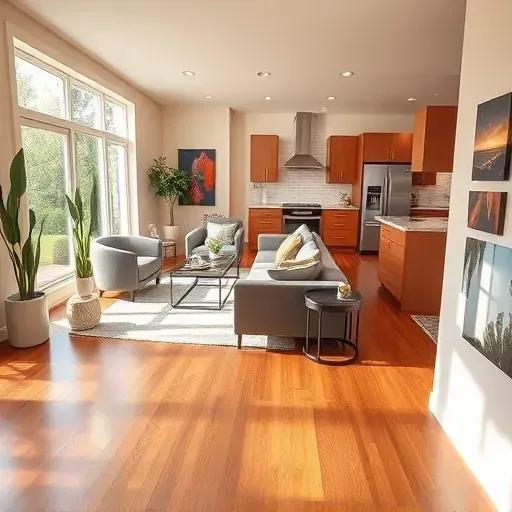 Beautifully remodeled living space in Lawrence, PA with hardwood floors, large windows, modern furniture, and vibrant artwork.