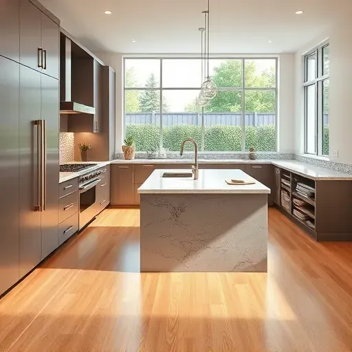 Completed modern kitchen in North Strabane PA with matte cabinetry stainless steel appliances marble island backsplash hardwood floors and natural light