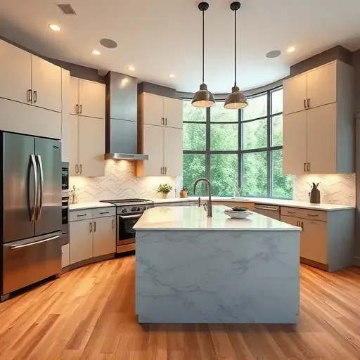 Recently remodeled Jefferson Hills kitchen with modern matte cabinetry, stainless steel appliances, marble island, hardwood floors, and natural light