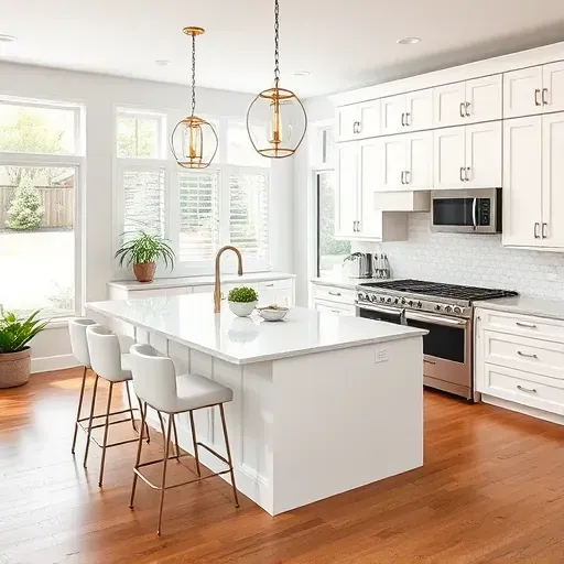 Modern kitchen remodel in Bridgeport PA with white cabinetry, quartz counters, and stainless steel appliances.