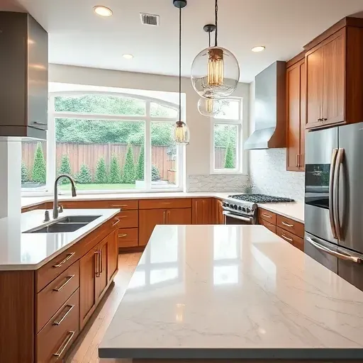 Bright renovated kitchen in Bridgeville PA with quartz countertops stainless steel appliances warm wood cabinets large windows overlooking a garden