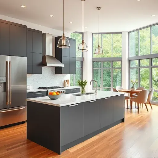 Modern kitchen with matte cabinetry stainless steel appliances marble island hardwood floors large windows bright airy open-concept design