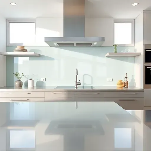 Freshly installed glass backsplash in modern kitchen with reflective surface, sleek cabinetry, and natural daylight highlights