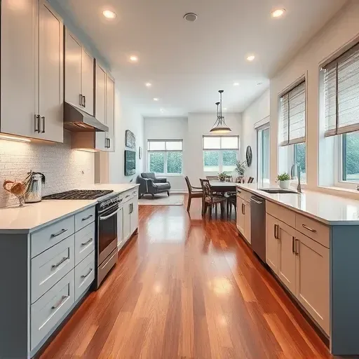 Remodeled Finleyville PA kitchen with matte modern cabinets stainless steel appliances quartz countertops textured subway tiles hardwood flooring and natural light