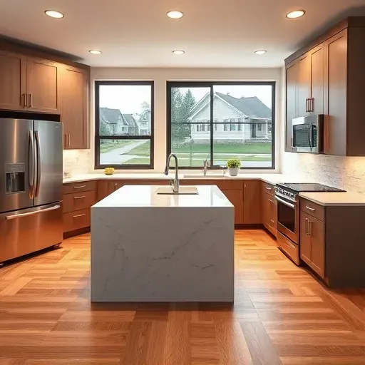 Recently remodeled modern kitchen in East Washington PA with matte cabinetry stainless steel appliances quartz island hardwood floors and natural light