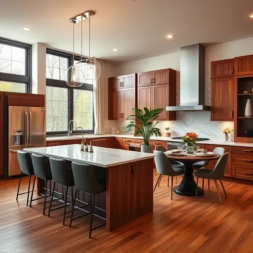 Contemporary kitchen in Pleasant Hills PA with stainless-steel appliances, marble countertops, and rich wooden cabinetry