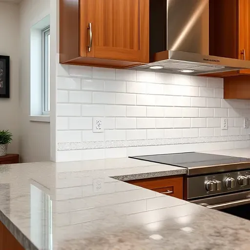 Modern kitchen in Canonsburg PA with white subway tile backsplash, granite countertops, stainless steel appliances, warm wood cabinets
