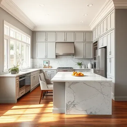 Modern kitchen remodel in Baldwin PA features sleek cabinetry, marble countertops, stainless steel appliances, and hardwood floors.