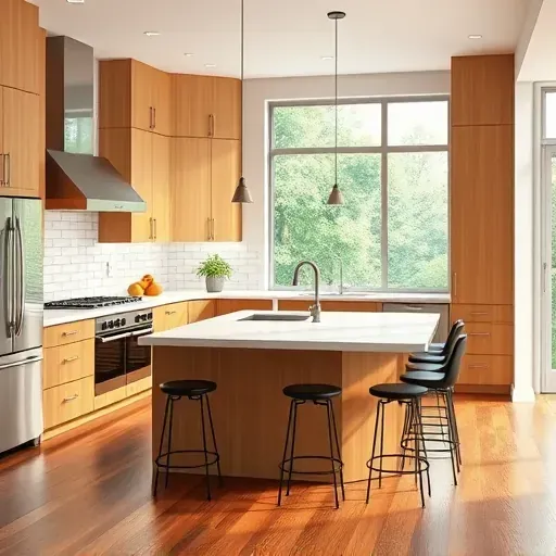 Modern remodeled kitchen in Muse PA with natural wood cabinets stainless steel appliances quartz countertop backsplash green herbs hardwood floors and daylight