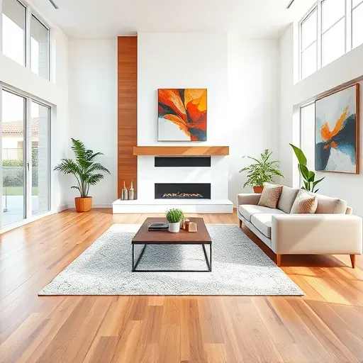 Sophisticated modern living room in Muse PA featuring wood accents, minimalist furnishings, and natural light.