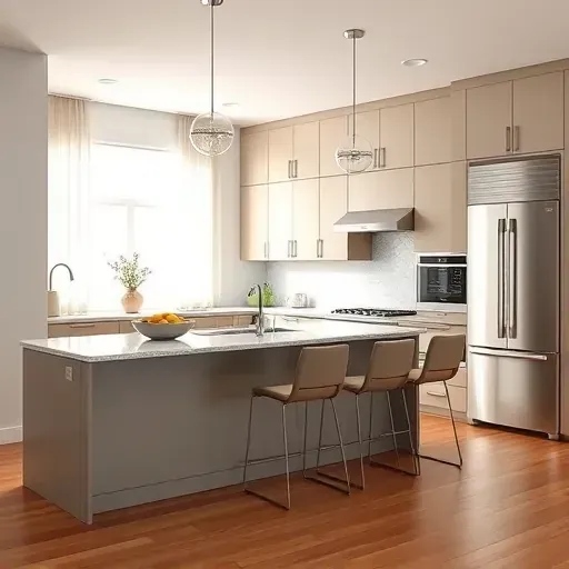 Modern remodeled Hickory PA kitchen with sleek cabinetry, stainless appliances, quartz countertops, granite island, hardwood floors