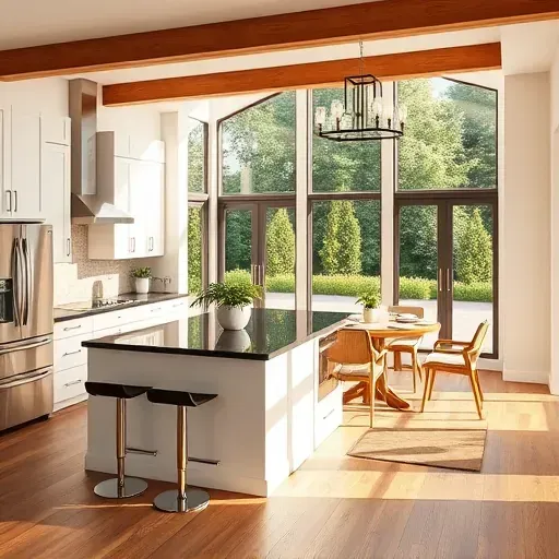 Modern remodeled kitchen in Carnegie PA featuring soft white cabinetry, stainless steel appliances, and black granite island.