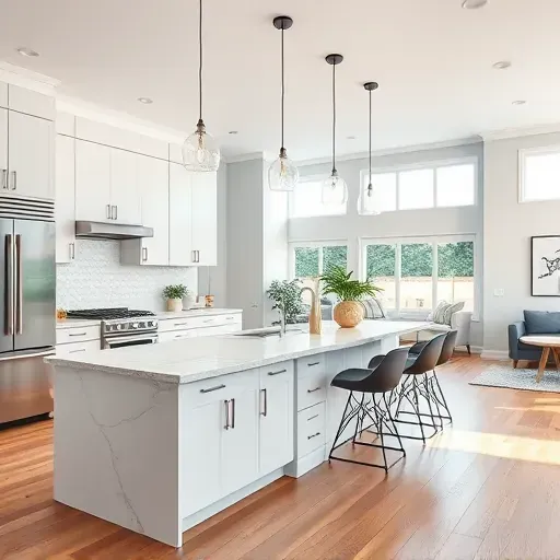 Modern redesigned kitchen in Canonsburg Pennsylvania with sleek appliances, minimalist cabinetry, marble island, textured subway tiles, and natural light