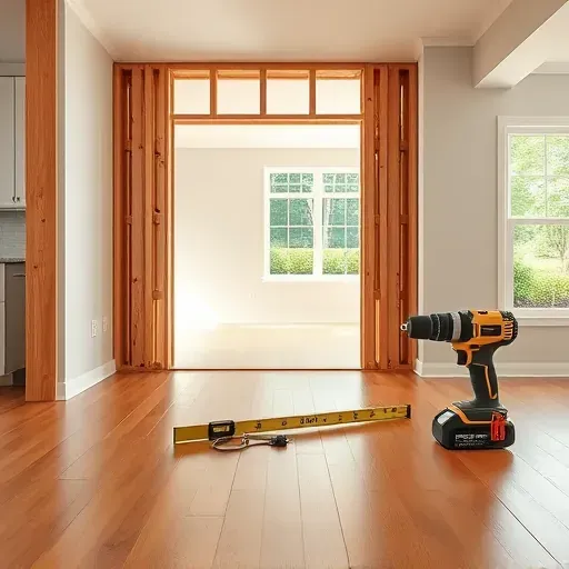 After kitchen wall removal in Canonsburg PA showing exposed studs, clean drywall removal, hardwood flooring, and natural outdoor view