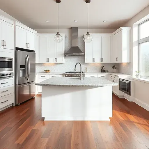 Remodeled modern kitchen in Lawrence PA with matte white cabinets stainless steel appliances granite island hardwood floors and natural light