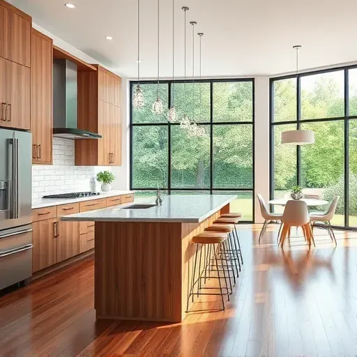 Modern renovated kitchen in Canonsburg PA with quartz countertops stainless steel appliances wooden cabinets island pendant lighting subway tiles hardwood floors large windows dining area